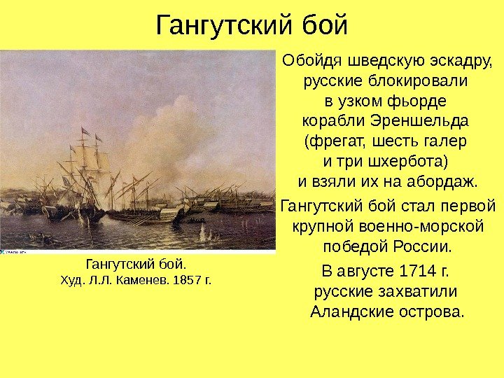 Гангутский бой Обойдя шведскую эскадру,  русские блокировали в узком фьорде корабли Эреншельда (фрегат,