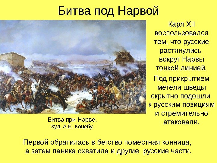 Битва под Нарвой Карл XII воспользовался тем, что русские растянулись вокруг Нарвы тонкой линией.
