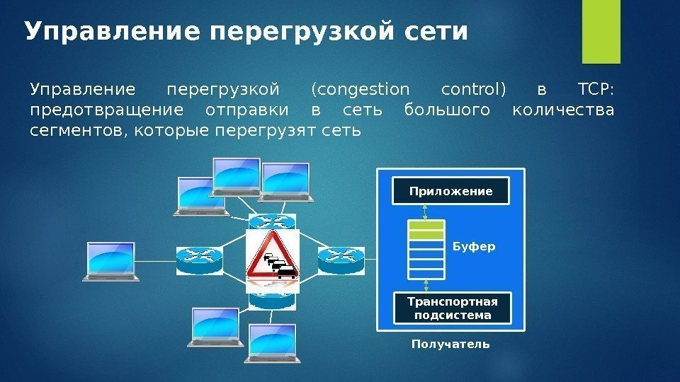 Управление перегрузкой сети Управление перегрузкой (congestion control) в TCP:  предотвращение отправки в сеть