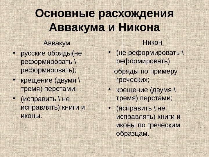   Основные расхождения Аввакума и Никона Аввакум • русские обряды(не реформировать \ реформировать);