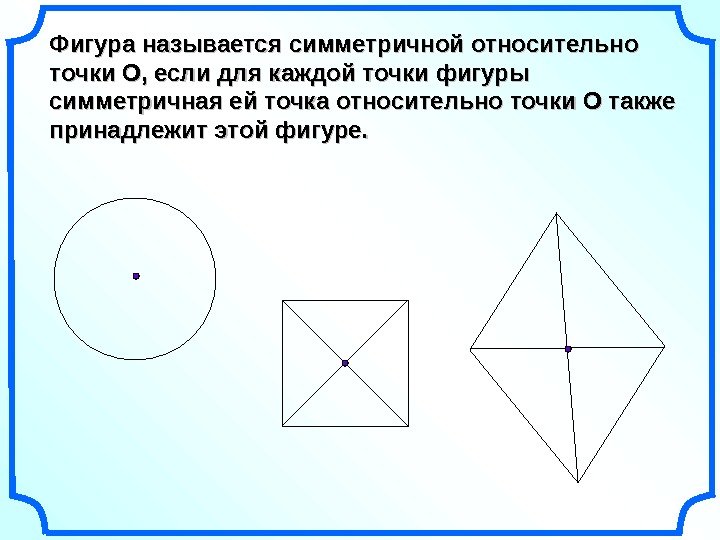   Фигура называется симметричной относительно точки О, если для каждой точки фигуры симметричная
