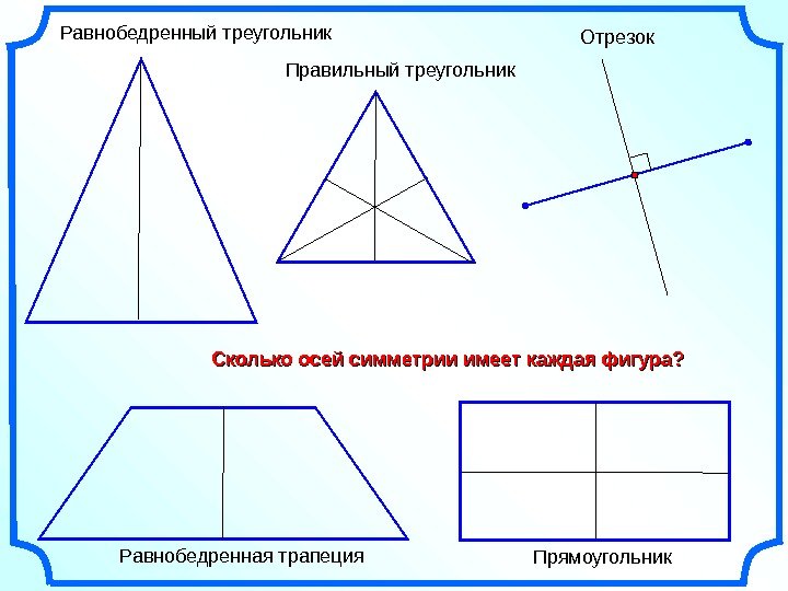   Правильный треугольник. Равнобедренный треугольник Отрезок Прямоугольник. Сколько осей симметрии имеет каждая фигура?