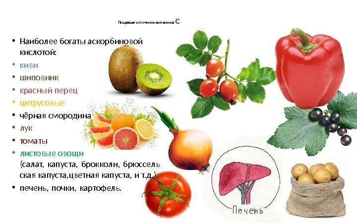 Пищевые источники витамина С • Наиболее богаты аскорбиновой кислотой:  • киви  •