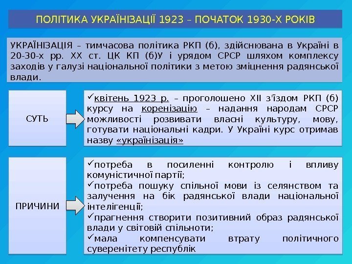 УКРАЇНІЗАЦІЯ – тимчасова політика РКП (б),  здійснювана в Україні в 20 -30 -х