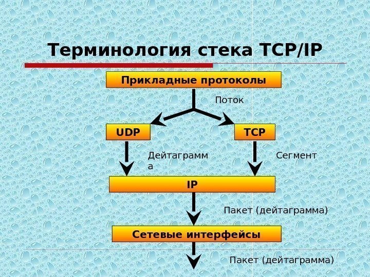 Терминология стека TCP/IP Прикладные протоколы TCPUDP IP Сетевые интерфейсы Поток Дейтаграмм а Сегмент Пакет