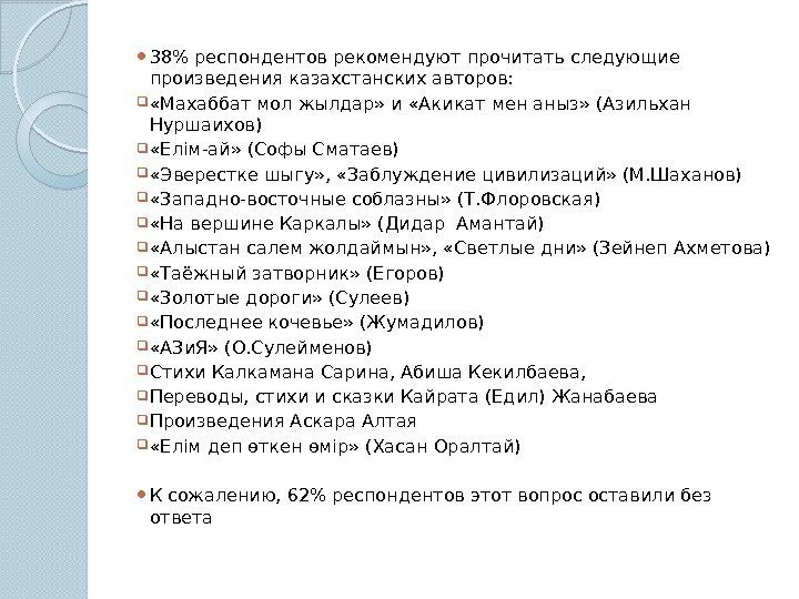  38 респондентов рекомендуют прочитать следующие произведения казахстанских авторов:  «Махаббат мол жылдар» и