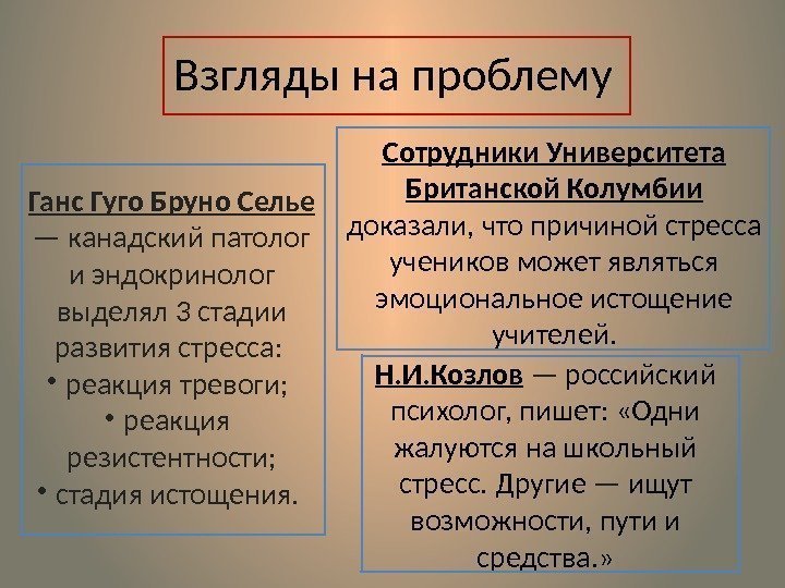 Взгляды на проблему Ганс Гуго Бруно Селье — канадский патолог и эндокринолог выделял 3