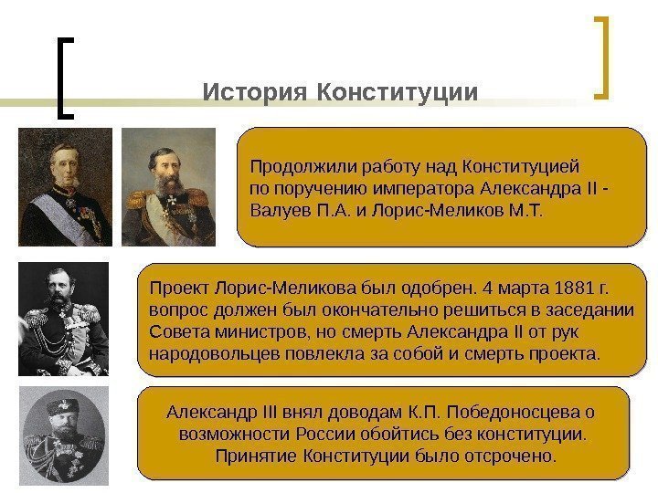 История Конституции Продолжили работу над Конституцией по поручению императора Александра II - Валуев П.