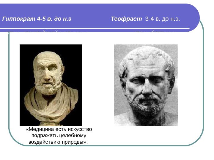 Гиппократ 4 -5 в. до н. э Теофраст  3 -4 в. до н.