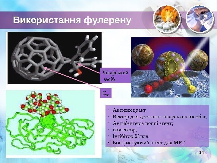 Використання фулерену 14 Лікарський  засіб С 60 - Антиоксидант - Вектор для доставки