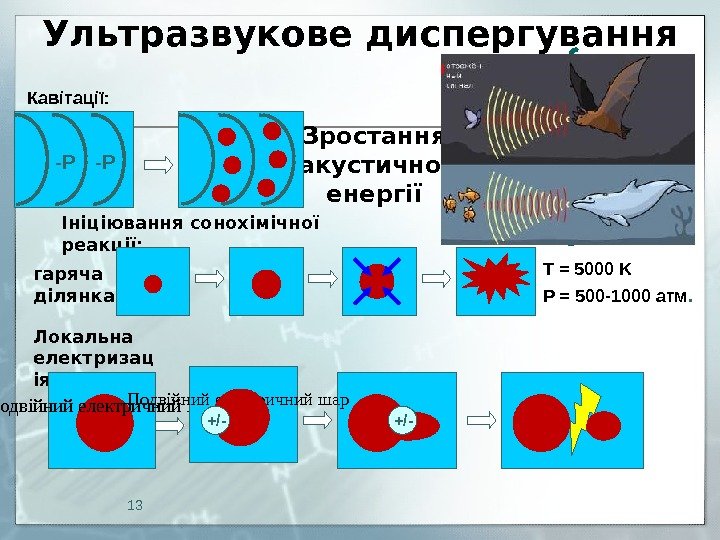 13 Зростання акустичної енергіїКавітації: -Р -Р гаряча ділянка Ініціювання сонохімічної реакції: T = 5000