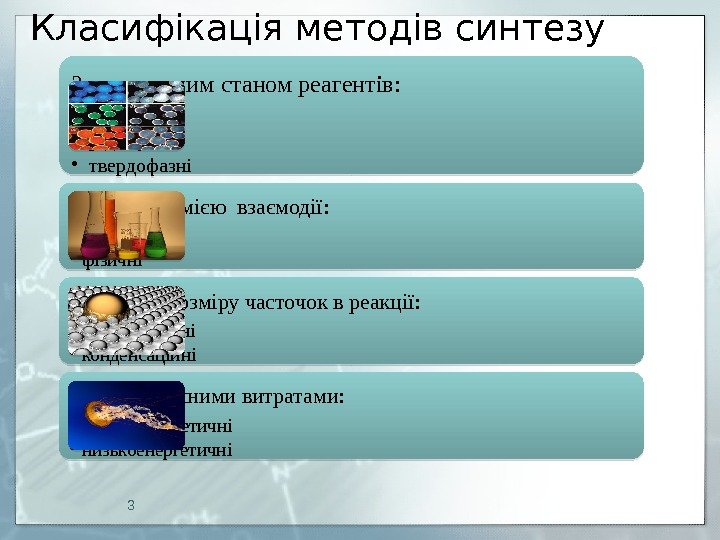 3 Класифікація методів синтезу : За агрегатним станом реагентів:  • Газофазні;  •