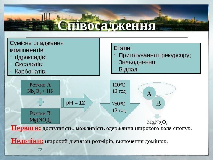 Співосадження Етапи: - Приготування прекурсору; - Зневоднення; - Відпал. Сумісне осадження компонентів: - гідроксидів;