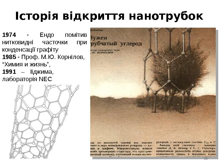 25Історія відкриття нанотрубок 1991  – Ііджима,  лабораторія NEC 1974 - Ендо помітив