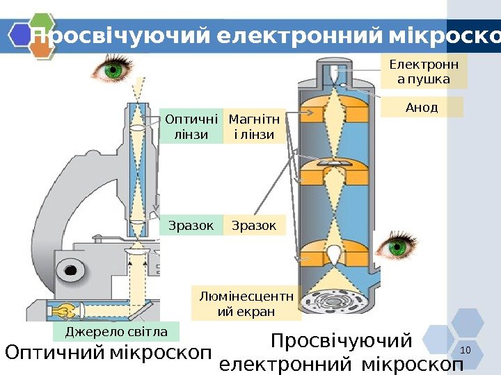 10 Оптичний мікроскоп Просвічуючий  електронний мікроскоп Оптичні лінзи Магнітн  і лінзи 