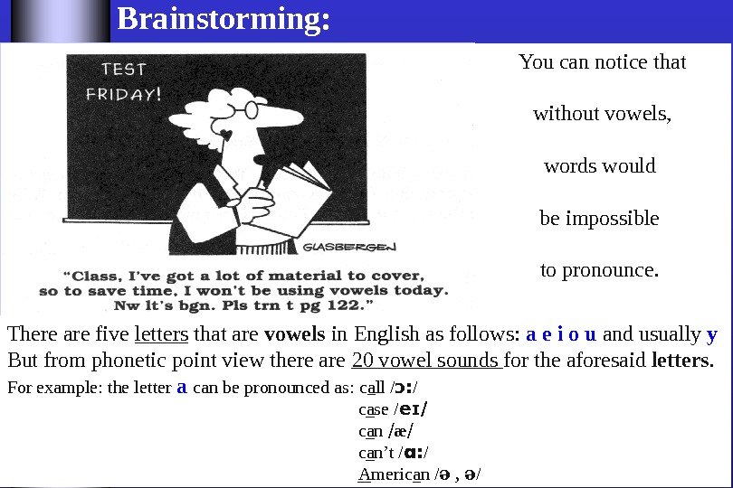 Brainstorming: You can notice that  without vowels,  words would be impossible to