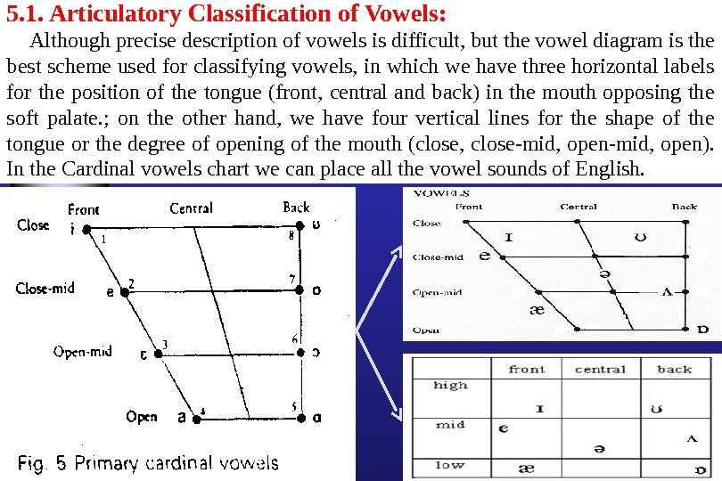 5. 1. Articulatory Classification of Vowels:  Although precise description of vowels is difficult,
