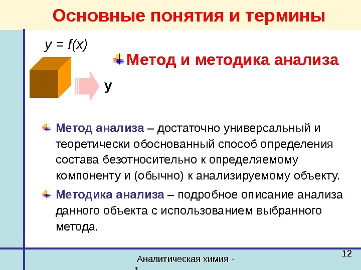  Аналитическая химия - 1 12 Метод и методика анализаy = f(x) y Метод