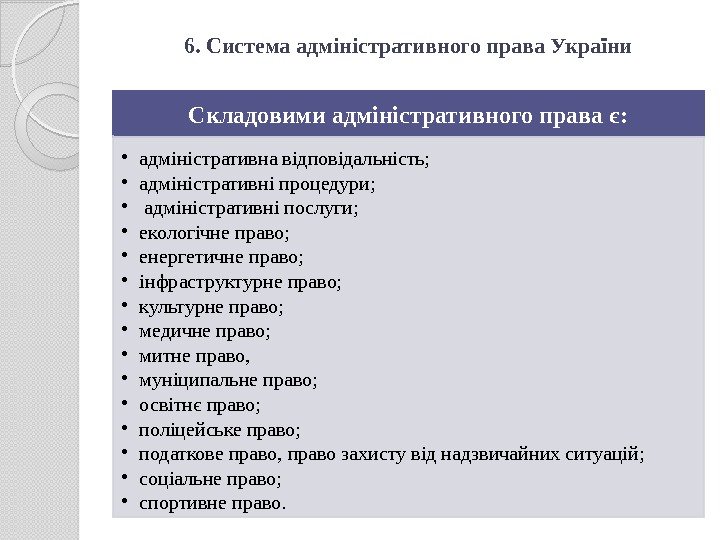 6. Система адміністративного права України Складовими адміністративного права є:  • адміністративнавідповідальність;  •
