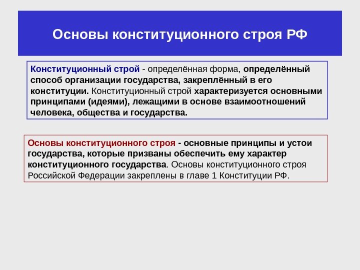 Основы конституционного строя РФ Конституционный строй - определённая форма,  определённый способ организации государства,