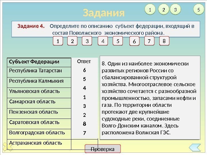 Задания Задание 4. Определите по описанию субъект федерации, входящий в состав Поволжского экономического района.