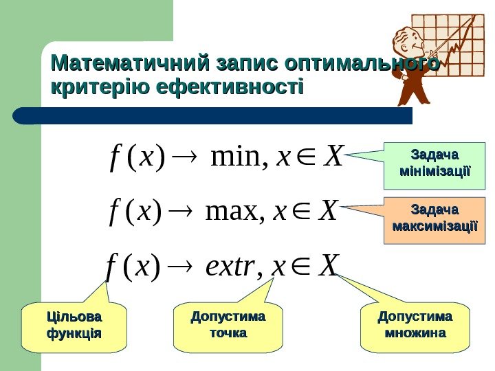 Математичний запис оптимального критерію ефективностіXxxf , max)( Xxxf , min)( Xxextrxf , )( Цільова