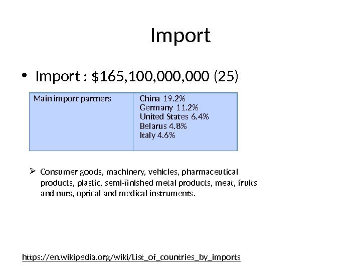Import • Import : $165, 100, 000 (25) https: //en. wikipedia. org/wiki/List_of_countries_by_imports Main import