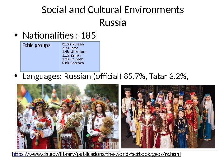 Social and Cultural Environments Russia • Nationalities : 185 • Languages: Russian (official) 85.