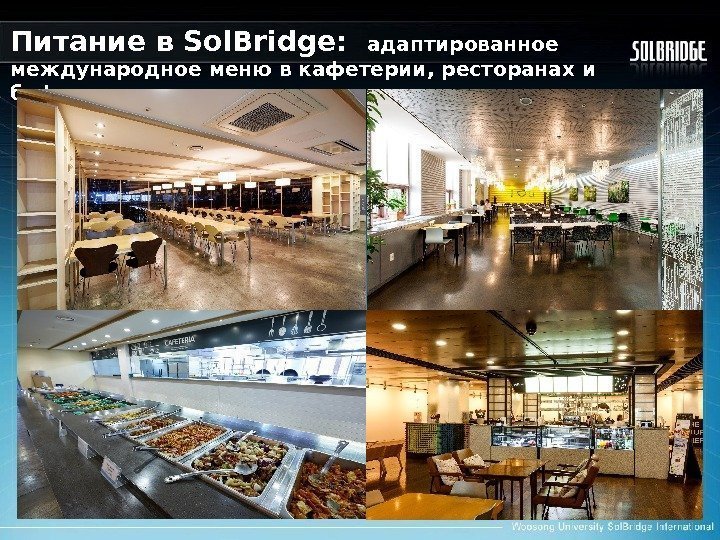 Питание в Sol. Bridge: адаптированное международное меню в кафетерии ,  ресторанах и буфете