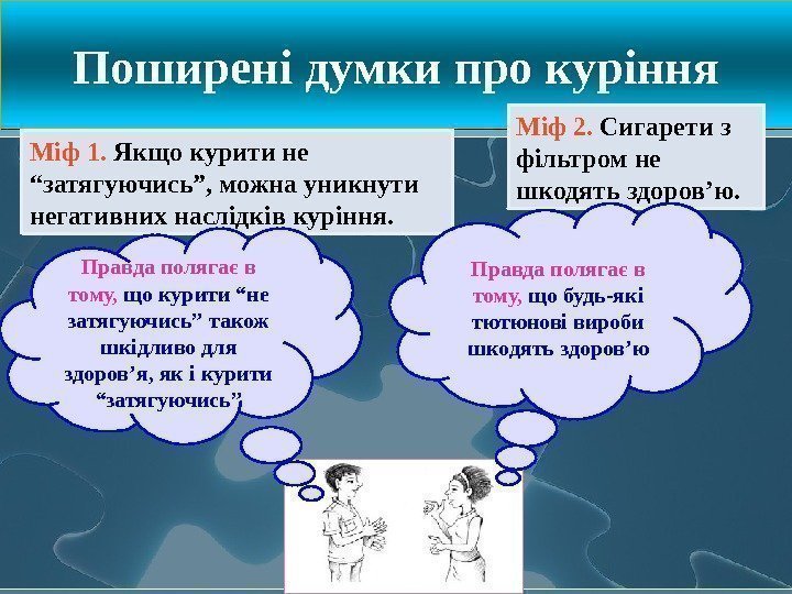 Поширені думки про куріння Міф 1.  Якщо курити не “затягуючись”, можна уникнути негативних