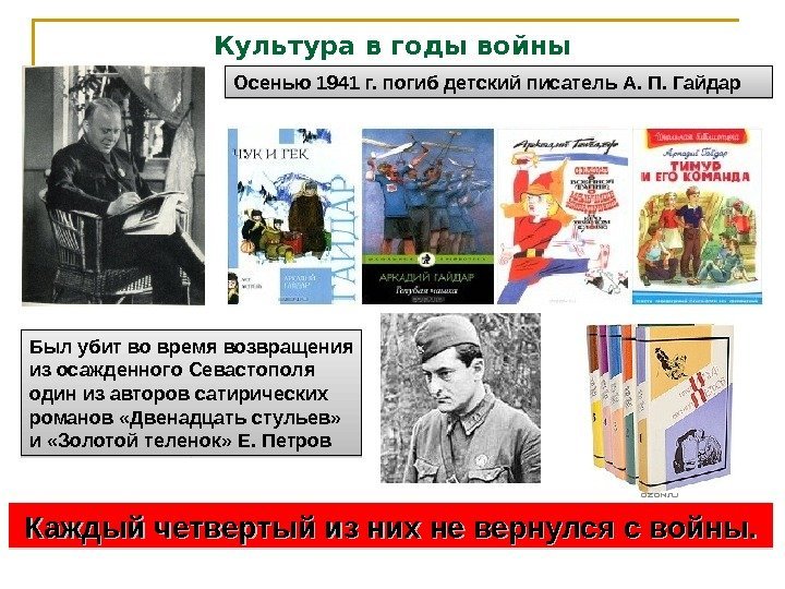 Культура в годы войны Осенью 1941 г. погиб детский писатель А. П. Гайдар Каждый