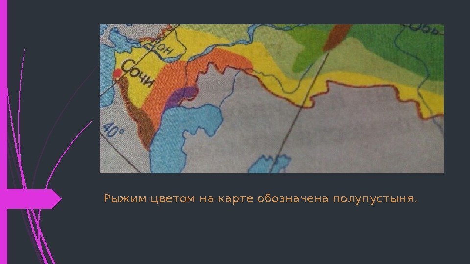 Рыжим цветом на карте обозначена полупустыня.    