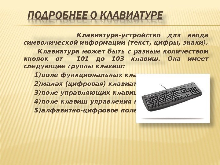    Клавиатура-устройство для ввода символической информации (текст, цифры, знаки).   
