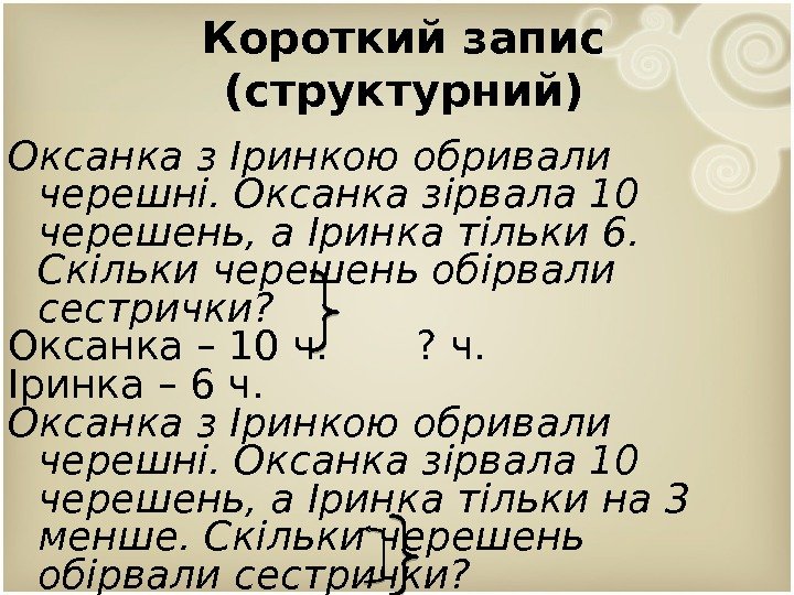 Короткий запис (структурний) Оксанка з Іринкою обривали черешні. Оксанка зірвала 10 черешень, а Іринка