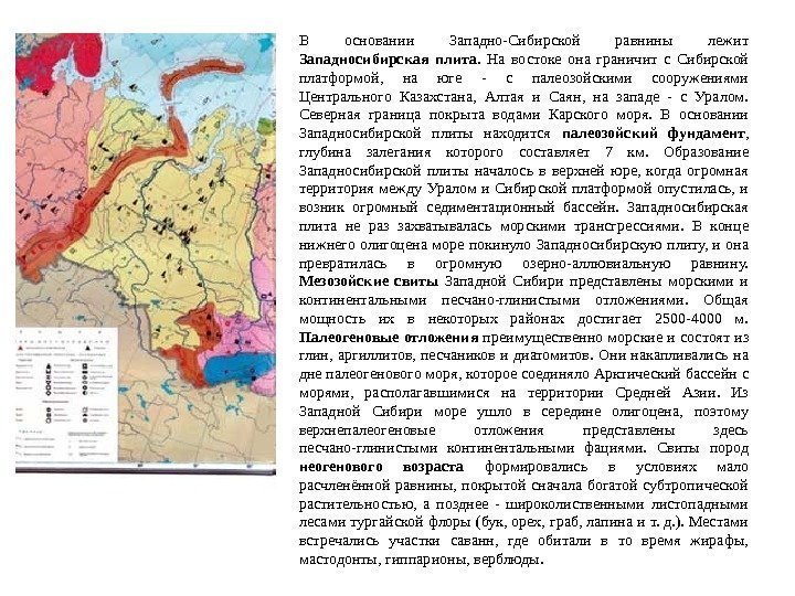  В основании Западно-Сибирской равнины лежит Западносибирская плита.  На востоке она граничит с