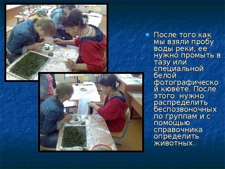  После того как мы взяли пробу воды реки, ее нужно промыть в тазу