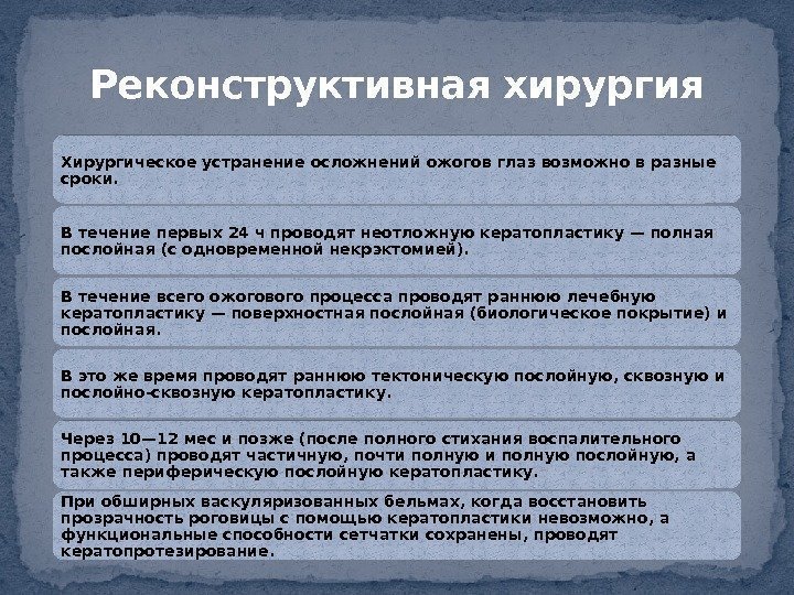 Хирургическое устранение осложнений ожогов глаз возможно в разные сроки.  В течение первых 24