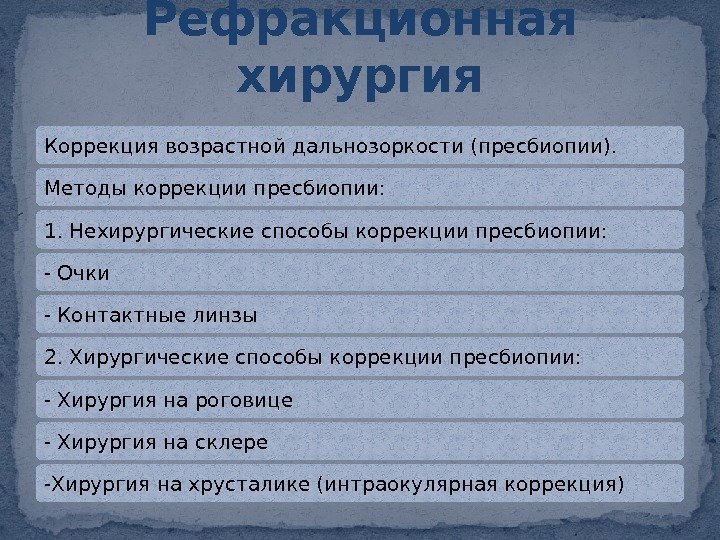 Коррекция возрастной дальнозоркости (пресбиопии). Методы коррекции пресбиопии: 1. Нехирургические способы коррекции пресбиопии: - Очки