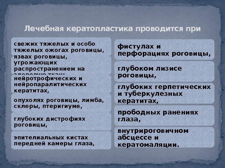 Лечебная кератопластика проводится при свежих тяжелых и особо тяжелых ожогах роговицы, язвах роговицы, 