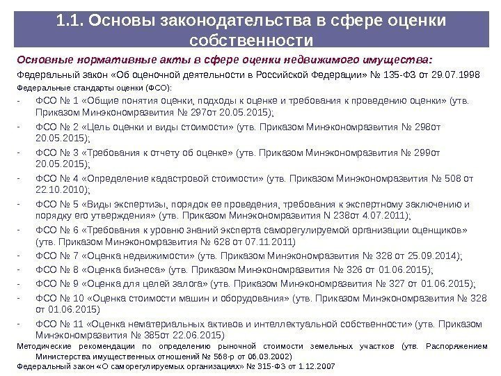 1. 1. Основы законодательства в сфере оценки собственности Основные нормативные акты в сфере оценки