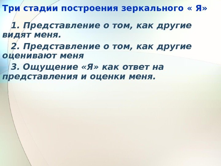 Три стадии построения зеркального « Я» 1. Представление о том, как другие видят меня.