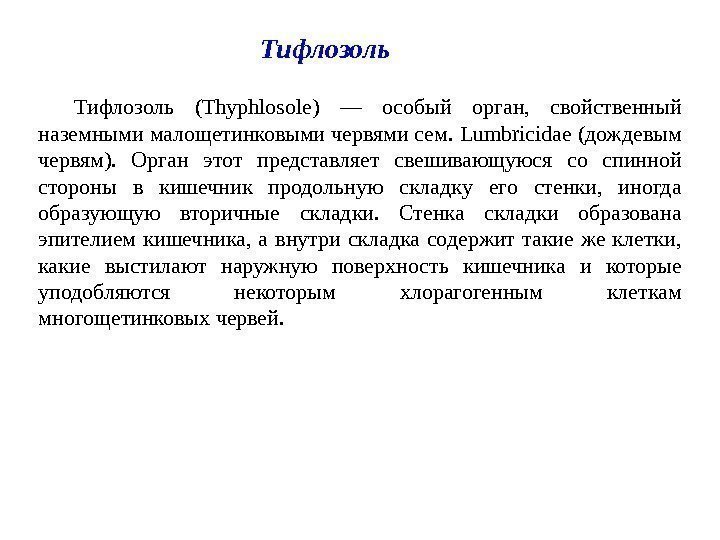 Тифлозоль (Thyphlosole) — особый орган,  свойственный наземными малощетинковыми червями сем. Lumbricidae (дождевым червям).