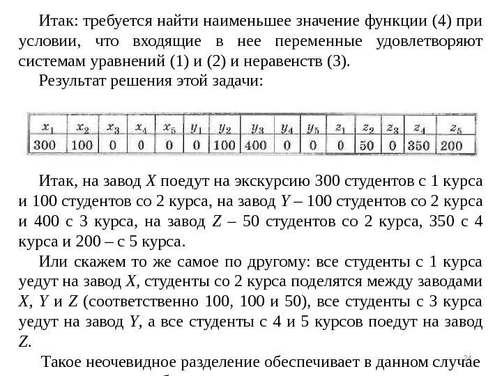 24 Итак: требуется найти наименьшее значение функции (4) при условии,  что входящие в