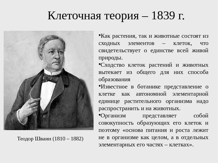 Клеточная теория – 1839 г. Теодор Шванн (1810 – 1882)  • Как растения,