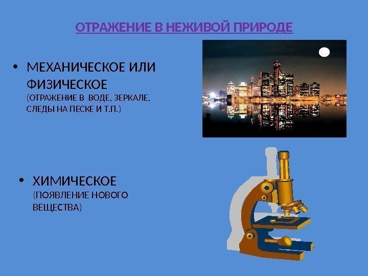 ОТРАЖЕНИЕ В НЕЖИВОЙ ПРИРОДЕ • МЕХАНИЧЕСКОЕ ИЛИ ФИЗИЧЕСКОЕ (ОТРАЖЕНИЕ В ВОДЕ, ЗЕРКАЛЕ,  СЛЕДЫ