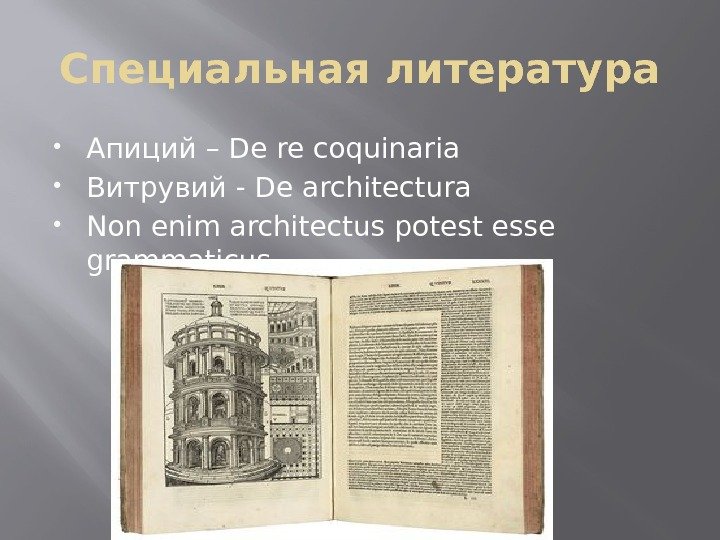 Специальная литература Апиций – De re coquinaria Витрувий - De architectura Non enim architectus