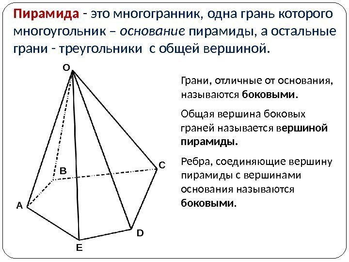 Пирамида - это многогранник, одна грань которого многоугольник – основание пирамиды, а остальные грани