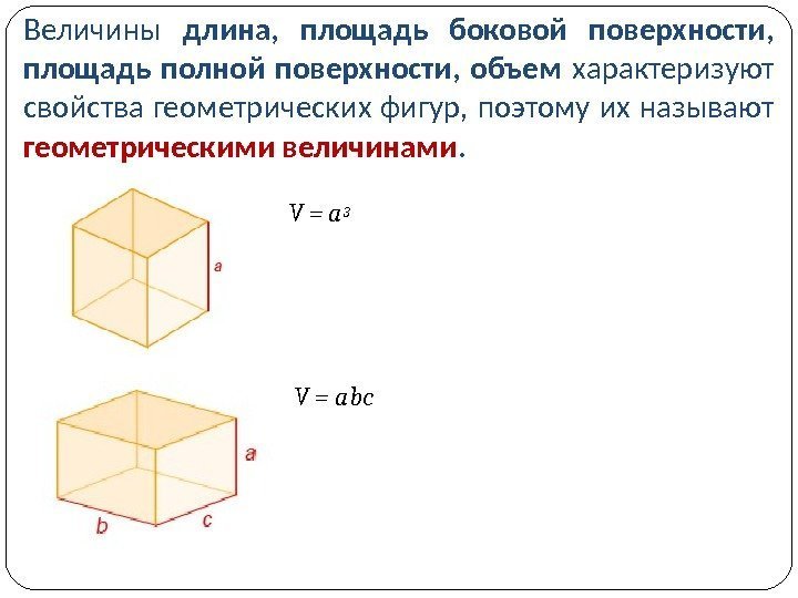 V = a 3 Величины длина,  площадь боковой поверхности,  площадь полной поверхности,