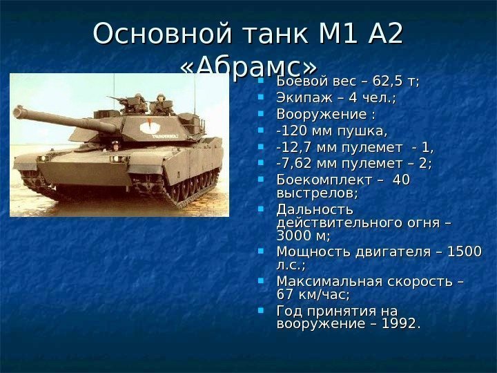   Основной танк М 1 А 2  «Абрамс»  Боевой вес –
