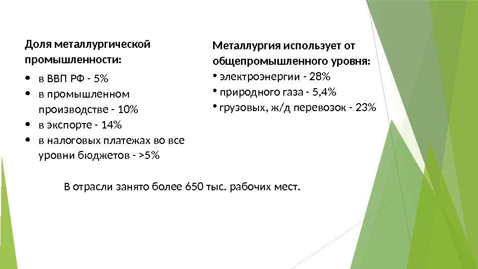 Доля металлургической промышленности:  в ВВП РФ - 5 в промышленном производстве - 10